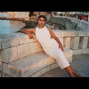 Zara oyster white dresss open cutout slim midi dress